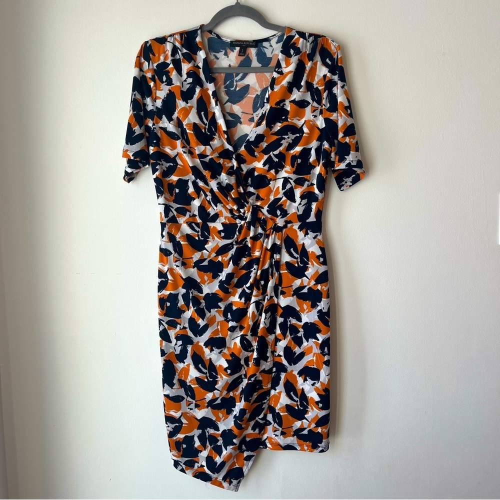 Banana Republic Wrap Front Dress Size Small, Navy Orange Abstract Print Stretch - Picture 1 of 12
